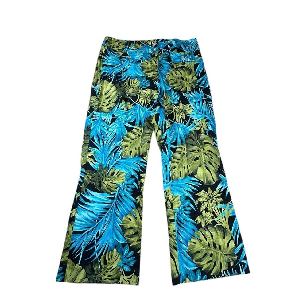 Cache Tropical Leaf Capri Pants Blue Green Black Stretch Y2K Resort Sz 12 USA